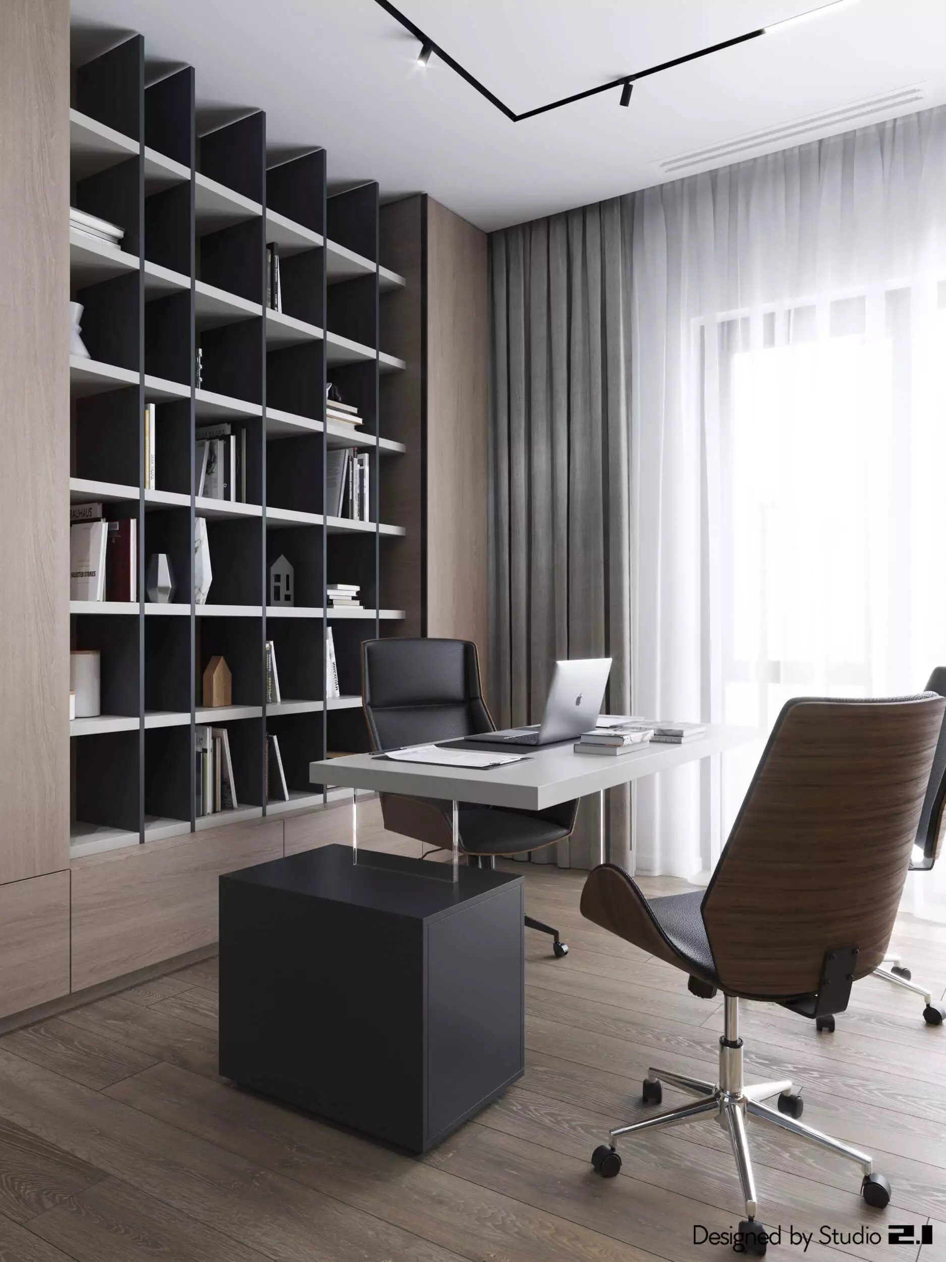 Design interior realizat de Studio 2.1 intr-un stil modern, minimalist cu accente de negru dar totodata o atmosfera calda data de culoarea lemnului natural.